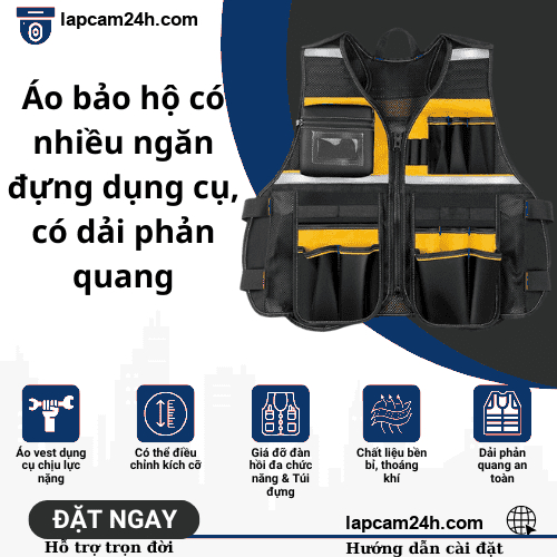 Áo bảo hộ có nhiều ngăn đựng dụng cụ thiết bị, bộ đai đeo đựng dụng cụ tháo lắp nhanh
