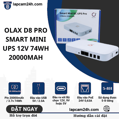 OLAX D8 pro Smart MIni UPS 12V 74WH 20000mah UPS di động cho bộ định tuyến wifi, camera, laptop...