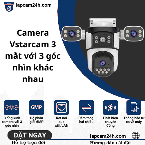 Camera 3 mắt Vstarcam với 3 góc nhìn khác nhau cùng lúc quan sát 3 khung hình trên 1 màn hình, kết nối wifi/LAN, zoom kỹ thuật số, giám sát từ xa