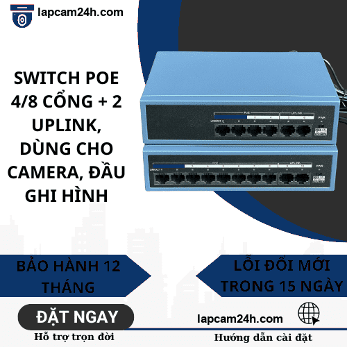 Switch POE Hikvision 4/8 cổng + 2 uplink sử dụng cho camera, đầu ghi hình