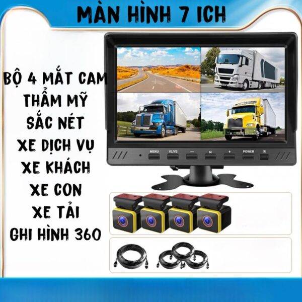Bộ 4 mắt camera hành trình kèm màn hình 7 inch dành cho xe con, xe chạy dịch vụ, xe tải đường dài